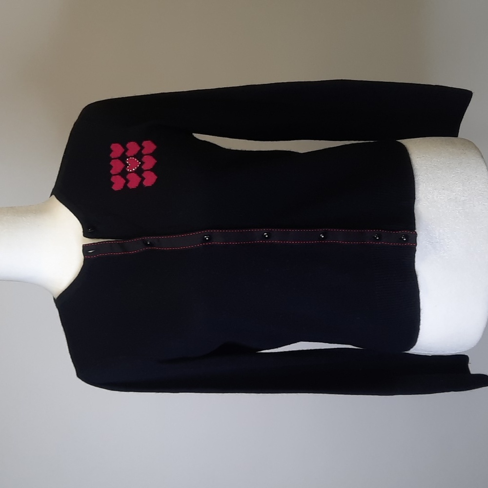 I.E. Relaxed Black Cardigan with Heart Design and Grosgrain Trim, Petite Small